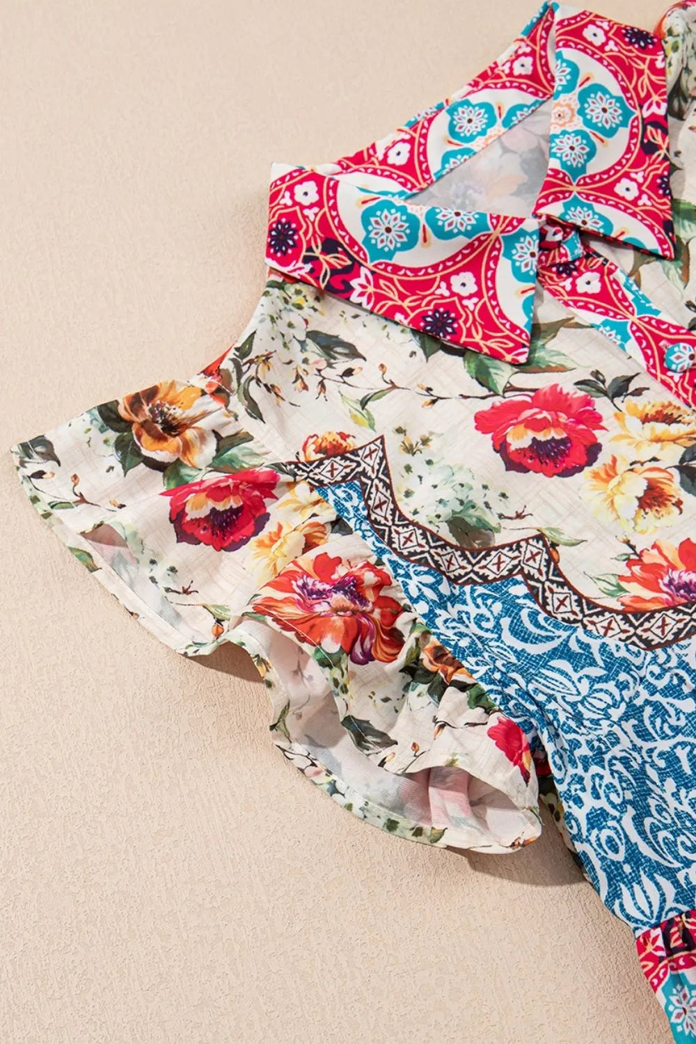 Floral Mixed Pattern Ruffle Flutter Sleeve Buttoned Dress