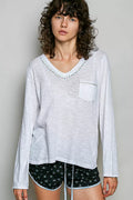 POL Contrast Hand-Stitch V-Neck Lightweight Knit Long Sleeve Top
