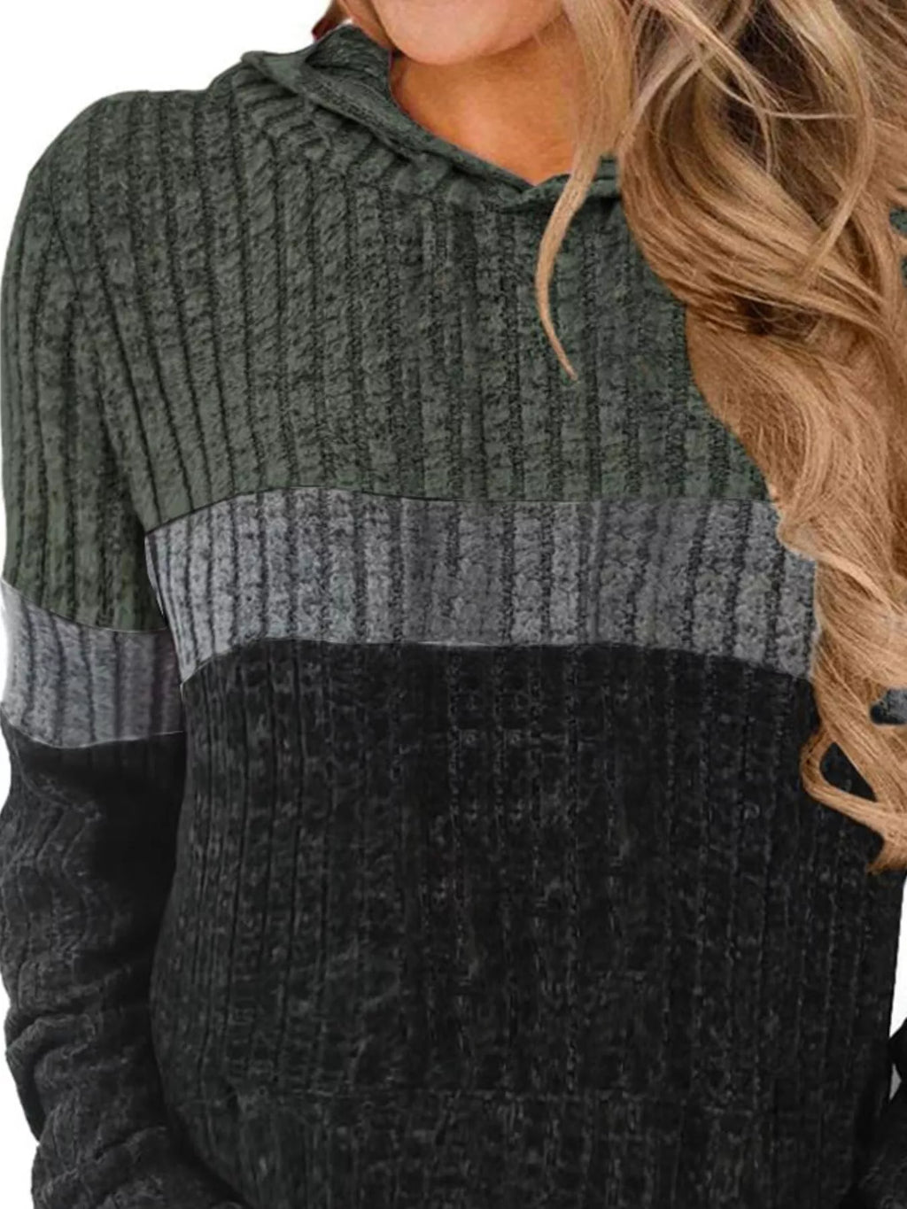 Full Size Color Block Ribbed Knit Hoodie Plus Size