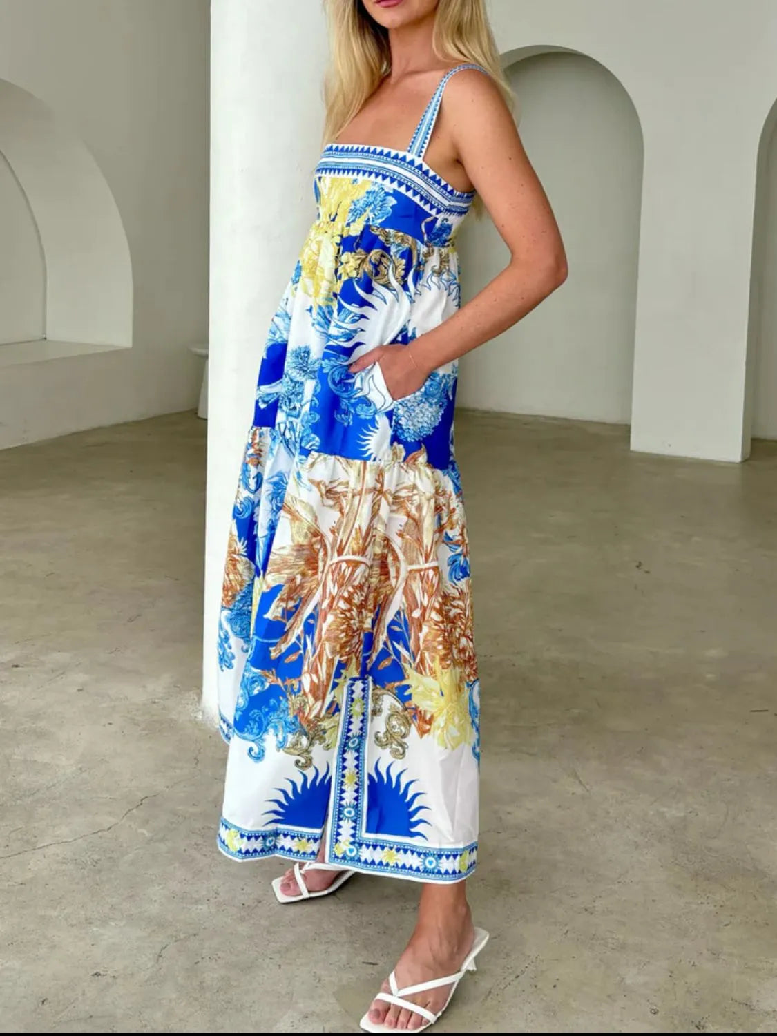 Pocketed Printed Sleeveless Cami Dress
