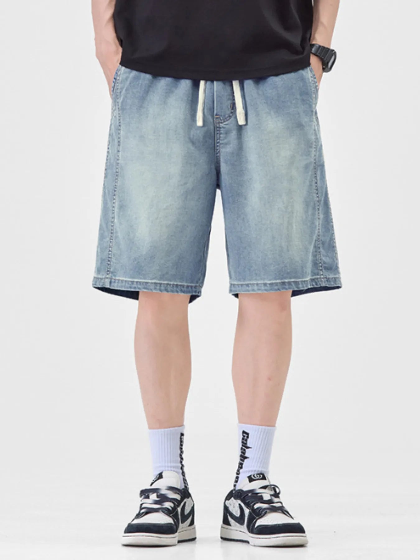 Men's Plus Size Casual Loose Fit Denim Shorts with Drawstring