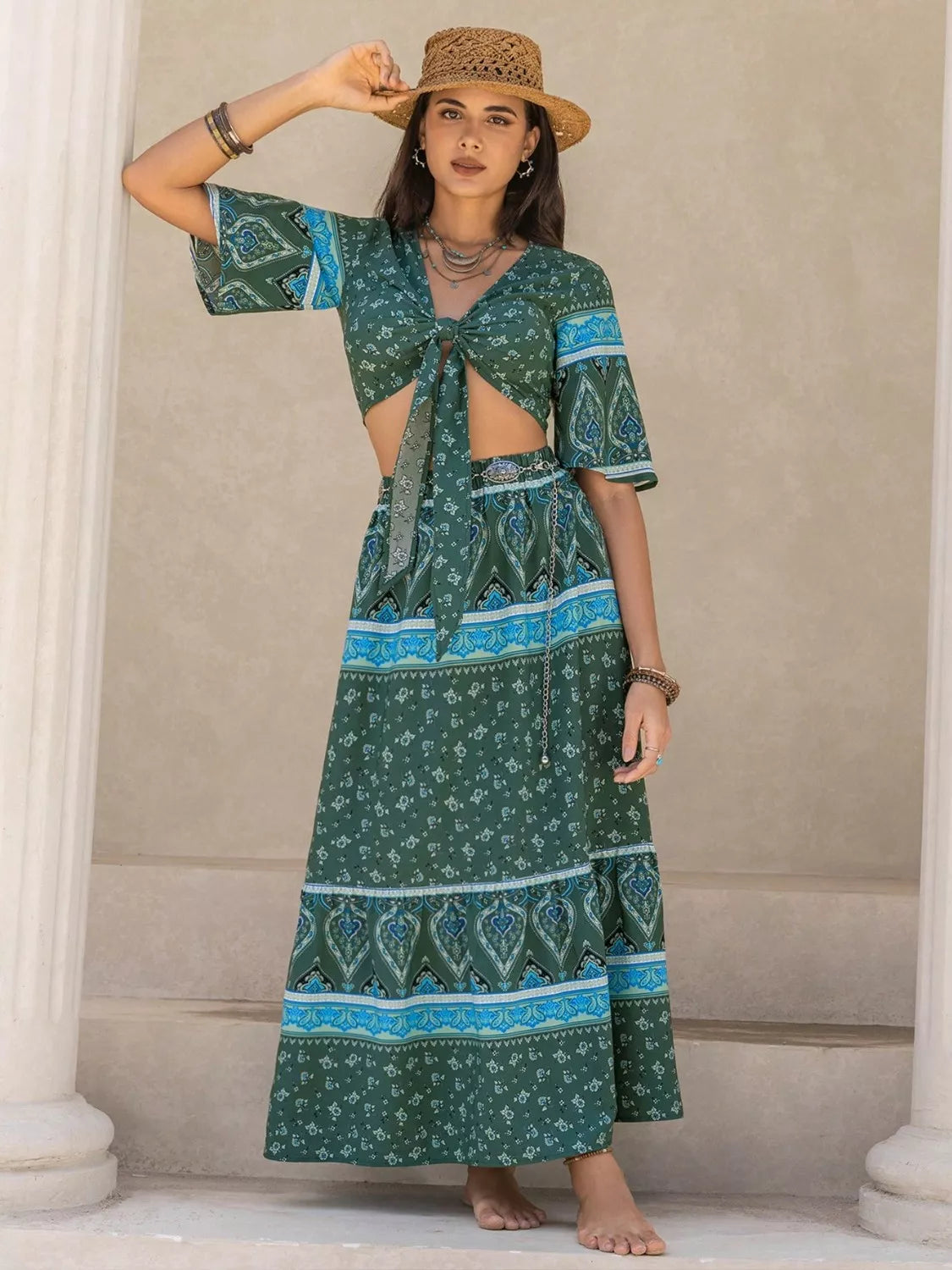 Tie Front Half Sleeve Top and Skirt Set