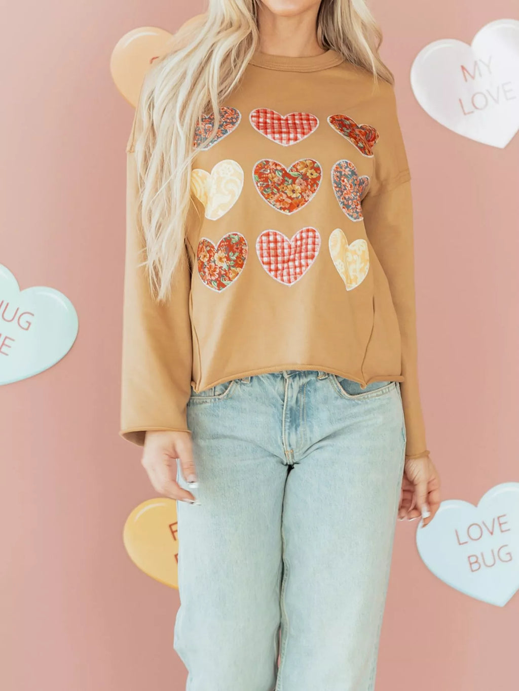 Plaid Floral Heart Stitched Exposed Seam Mineral Wash Sweatshirt