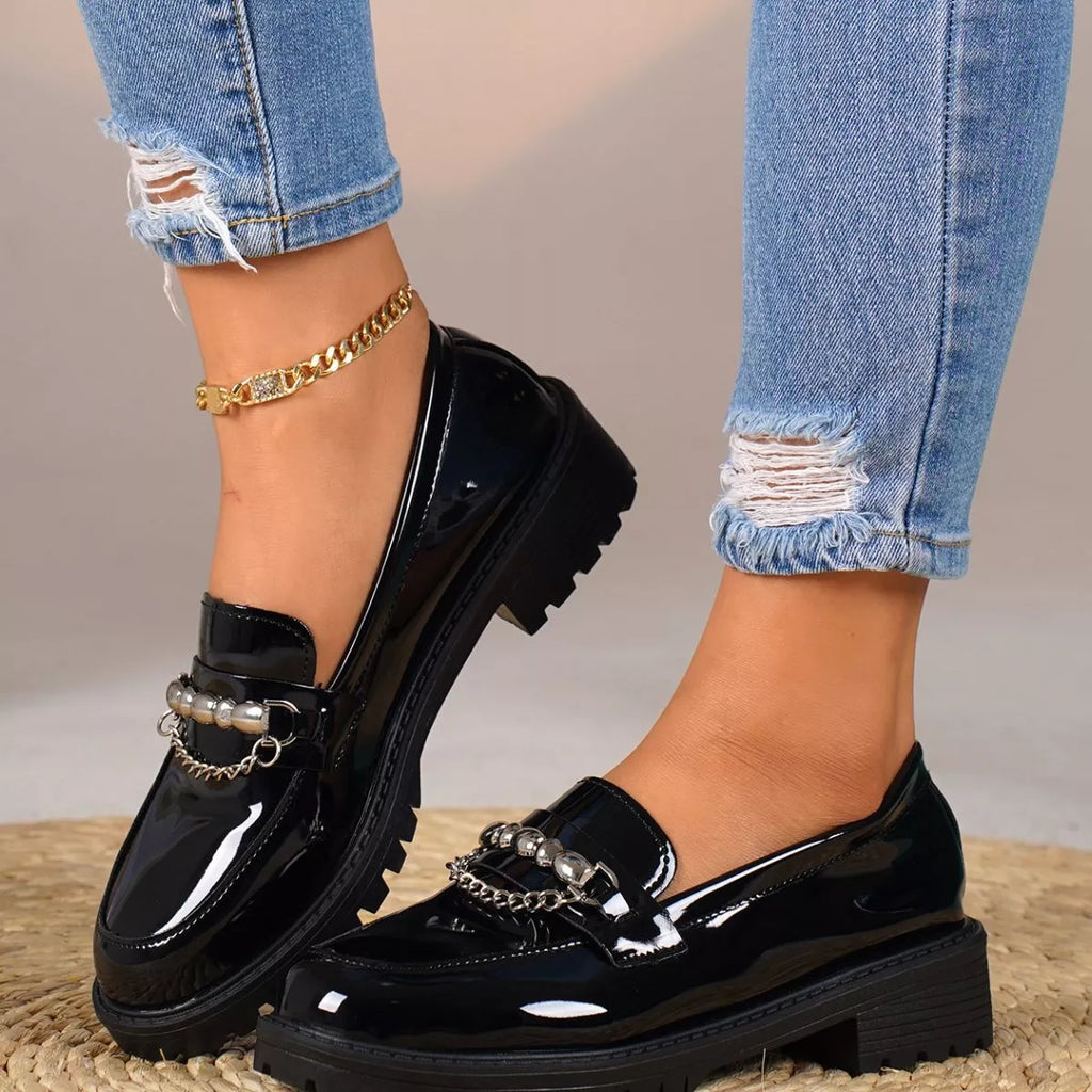 Chain Embellished Round Toe Loafers