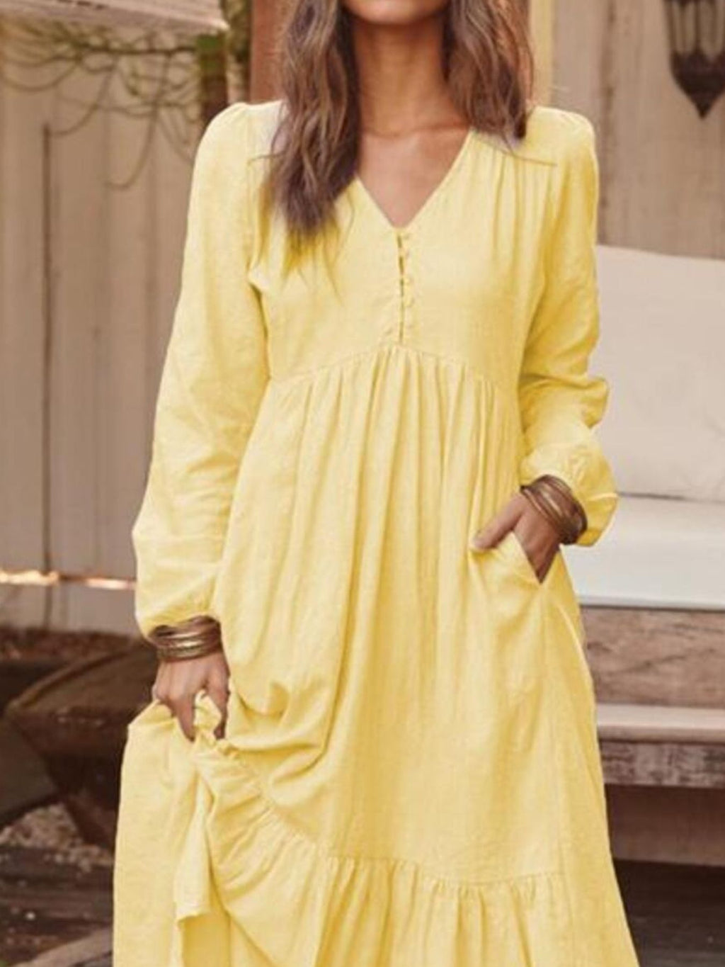 Full Size V-Neck Long Sleeve Tiered Maxi Dress Plus Size