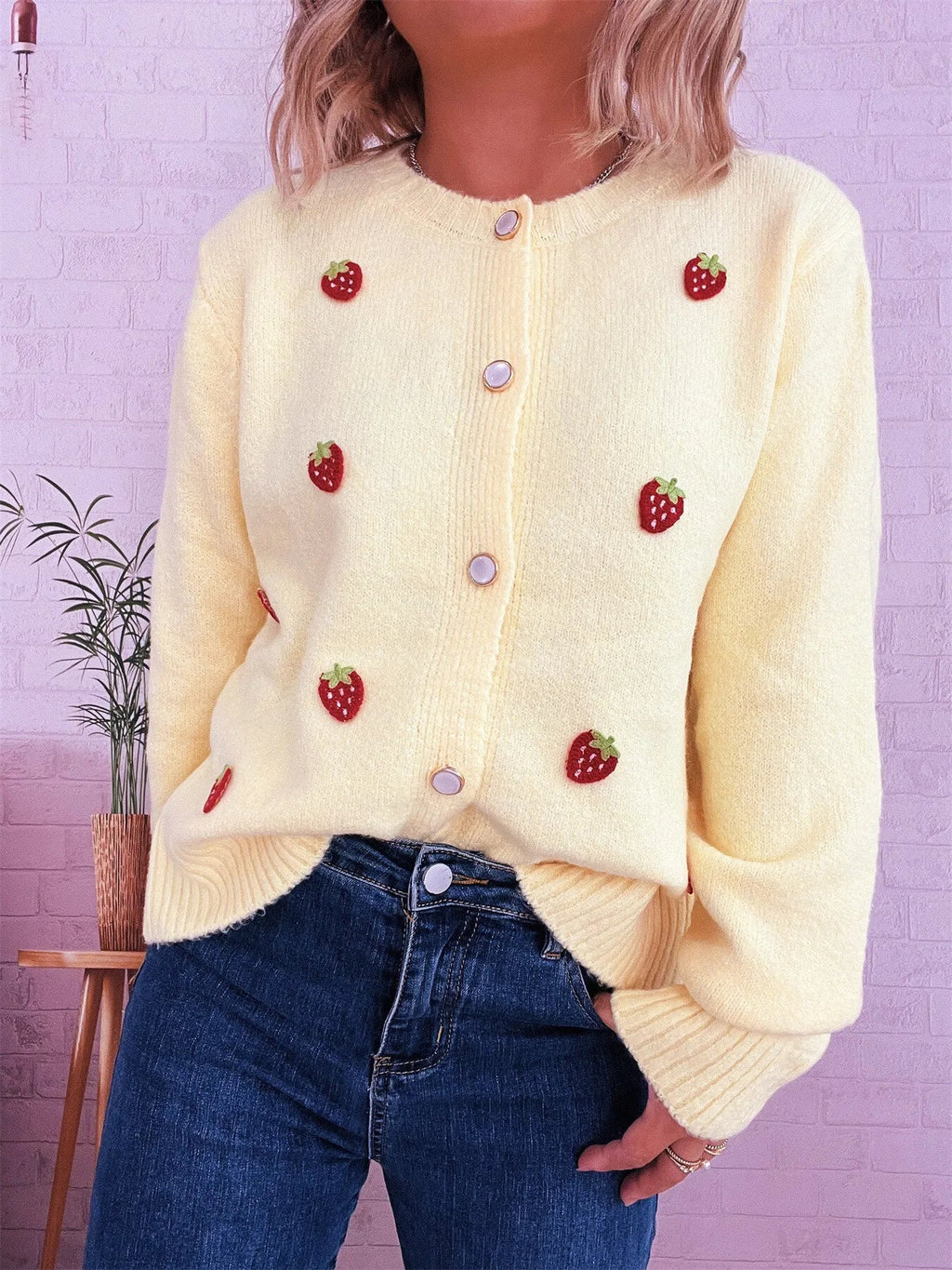 Strawberry Button Up Long Sleeve Cardigan