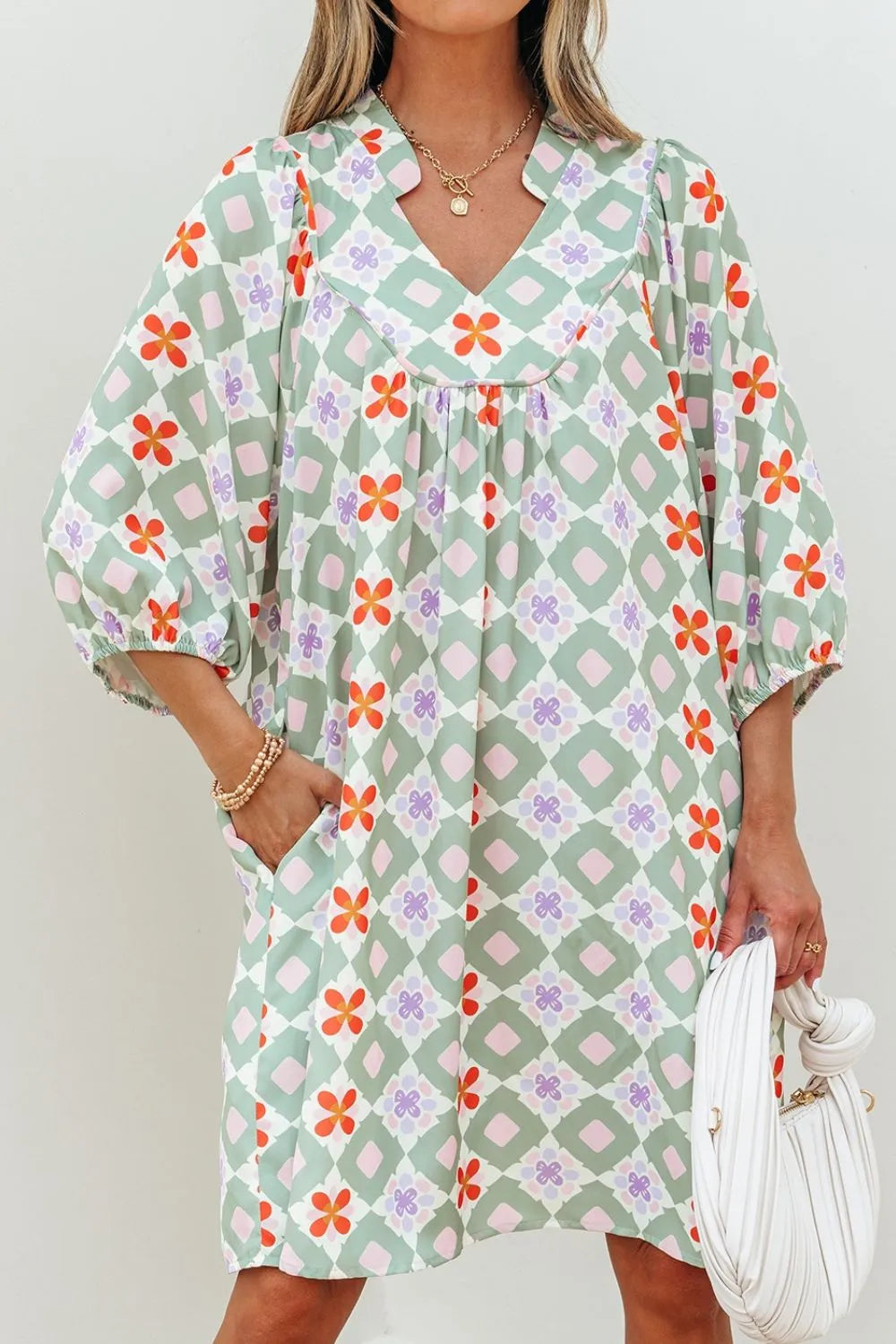 Printed Notched 3/4 Balloon Sleeves Loose Dress