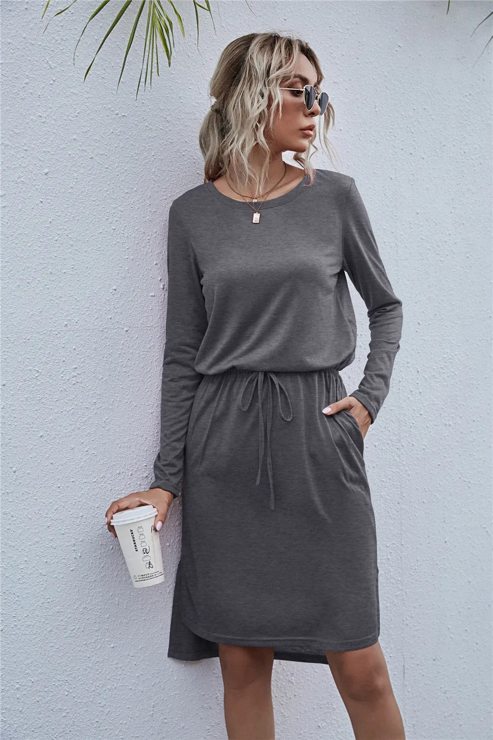 Drawstring Waist Round Neck Long Sleeve Dress