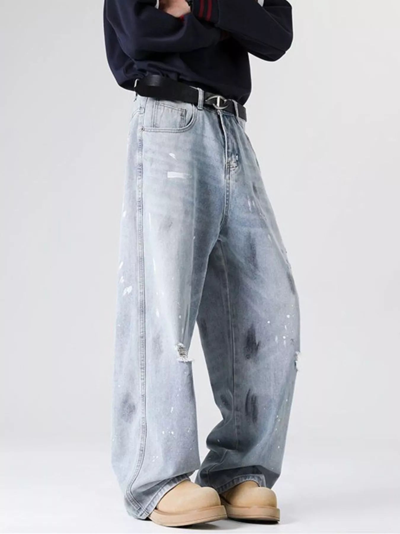 Men's Full Size Distressed Wide Leg Jeans Plus Size
