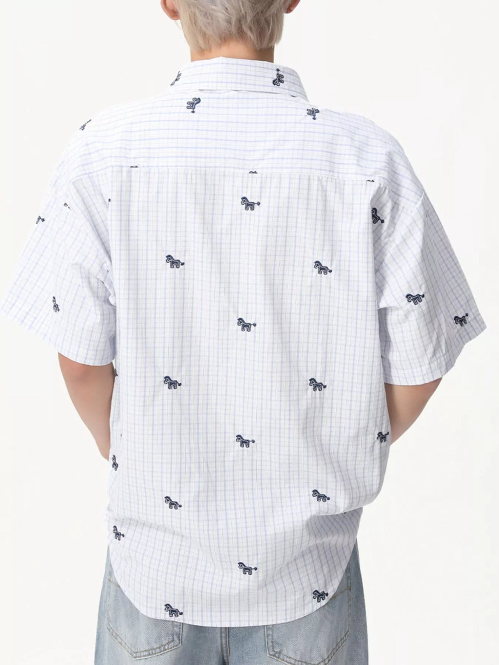 Men's Plaid Short Sleeve Shirt with Embroidered Animal Pattern