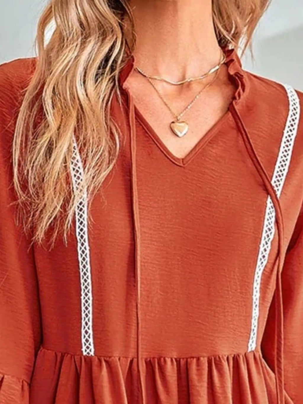 Tie-Neck Long Sleeve Mini Dress with Trim Detail