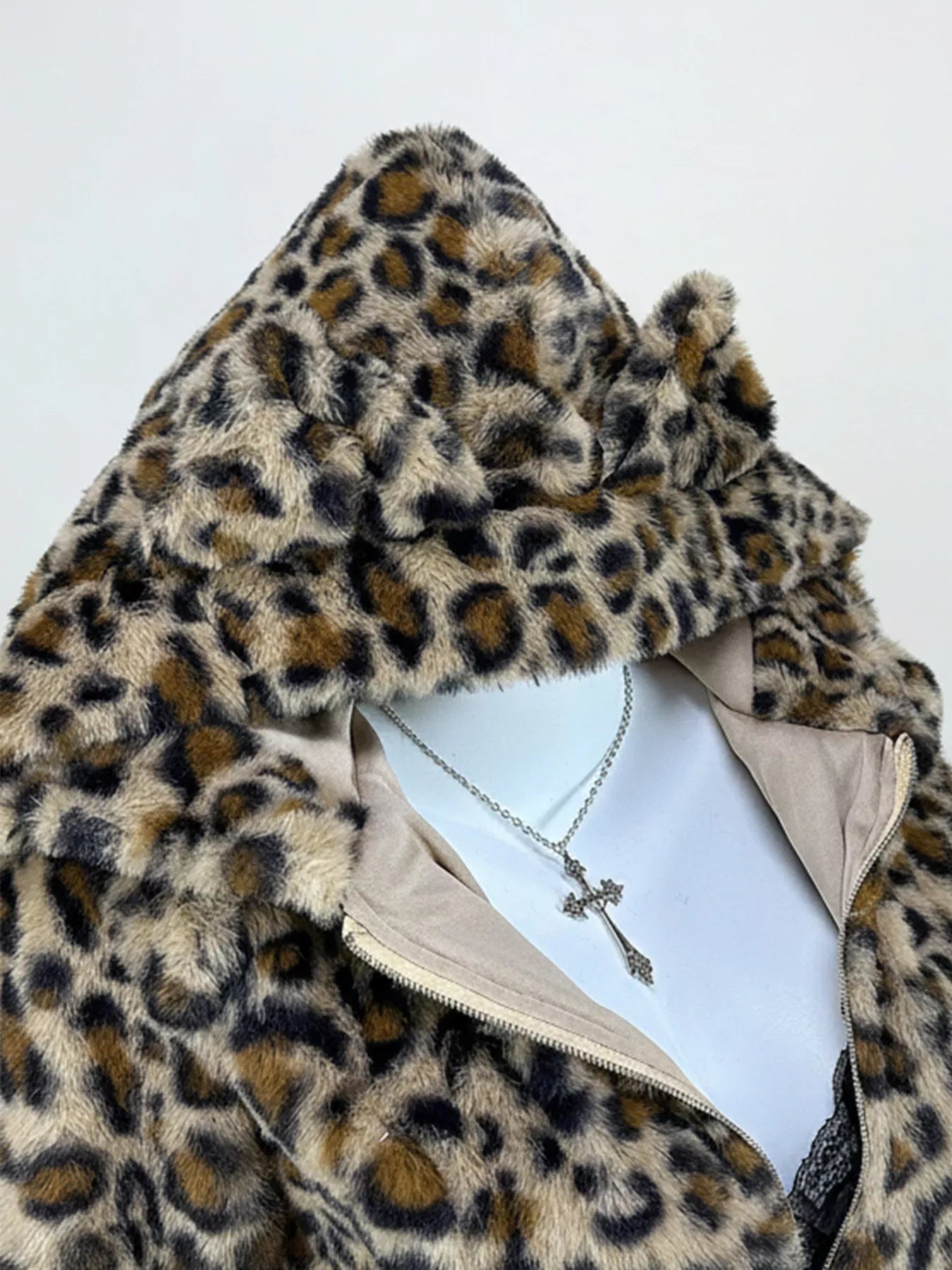 Leopard Plush Zip-Up Hooded Outerwear