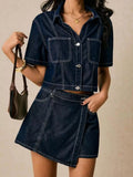Button Up Short Sleeve Top and Skort Denim Set
