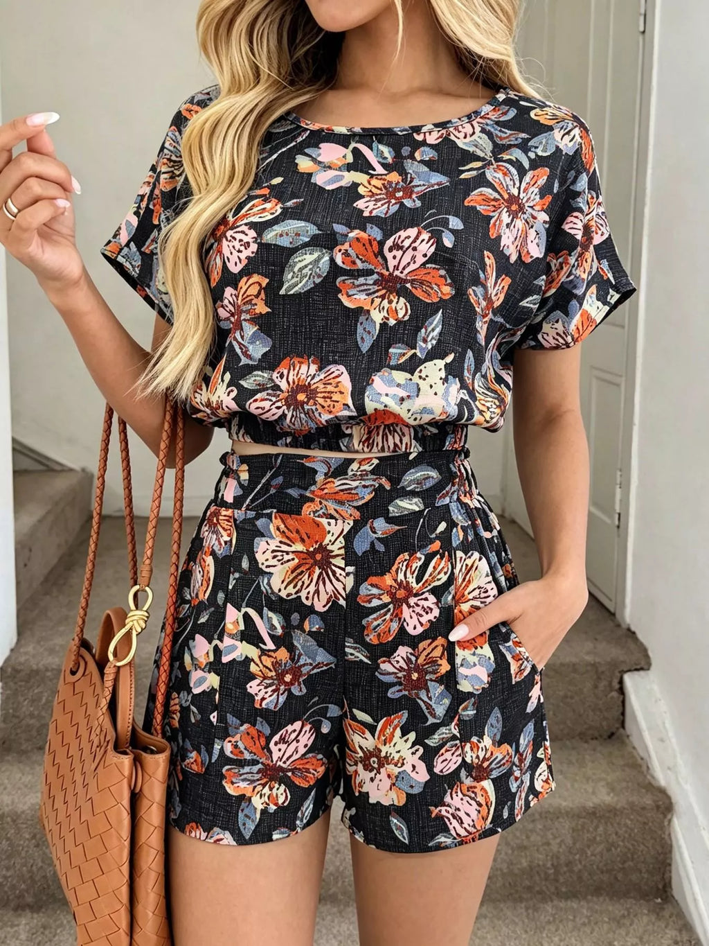 Floral Print Crop Top and Shorts Set