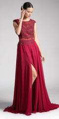 Cinderella Divine CD0113 Illusion Beaded Formal Gown Cap Sleeves