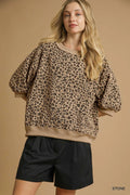 Umgee Leopard Knit Jacquard Puff Sleeve Sweatshirt