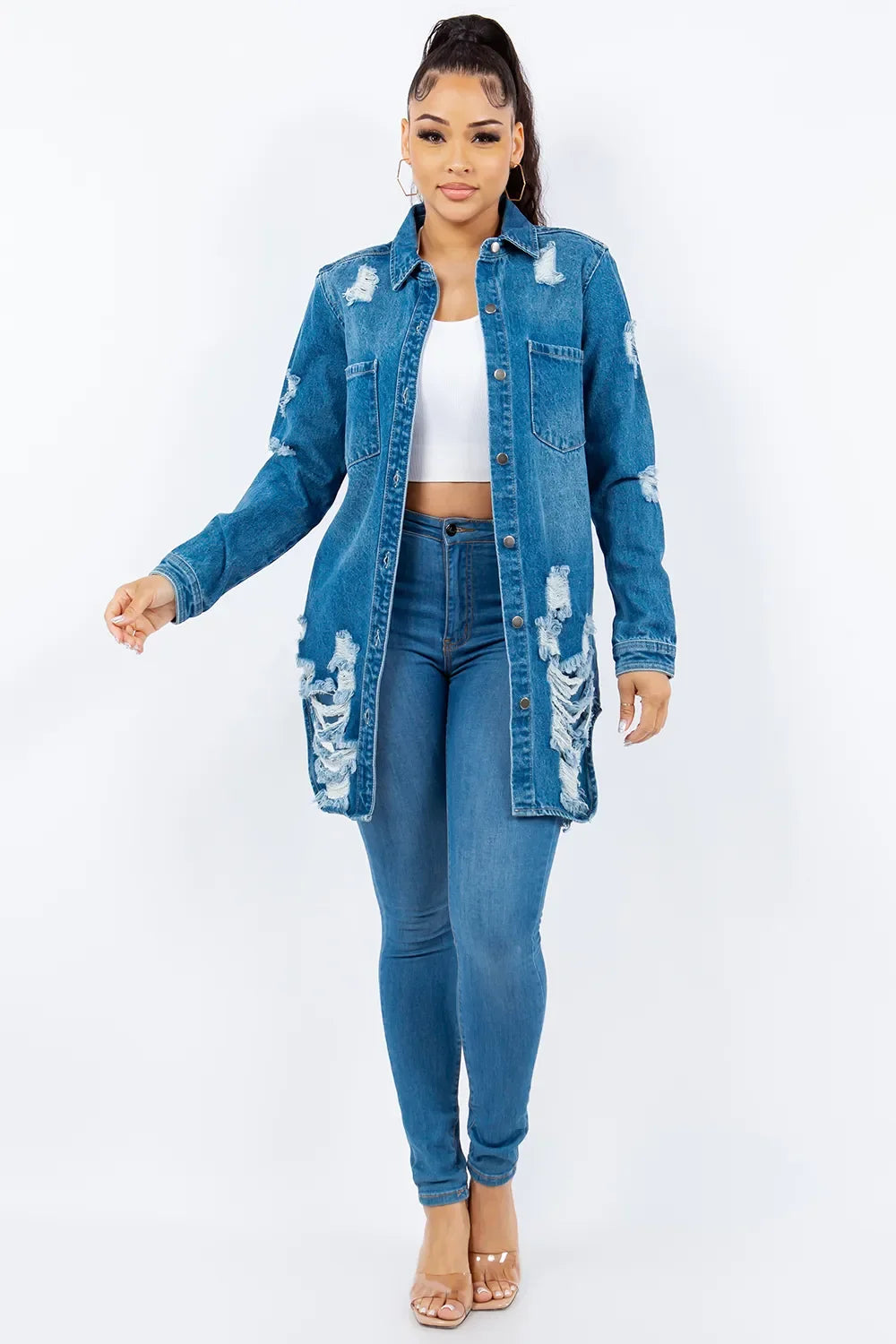American Bazi Distressed Button Up Long Sleeve Denim Jacket