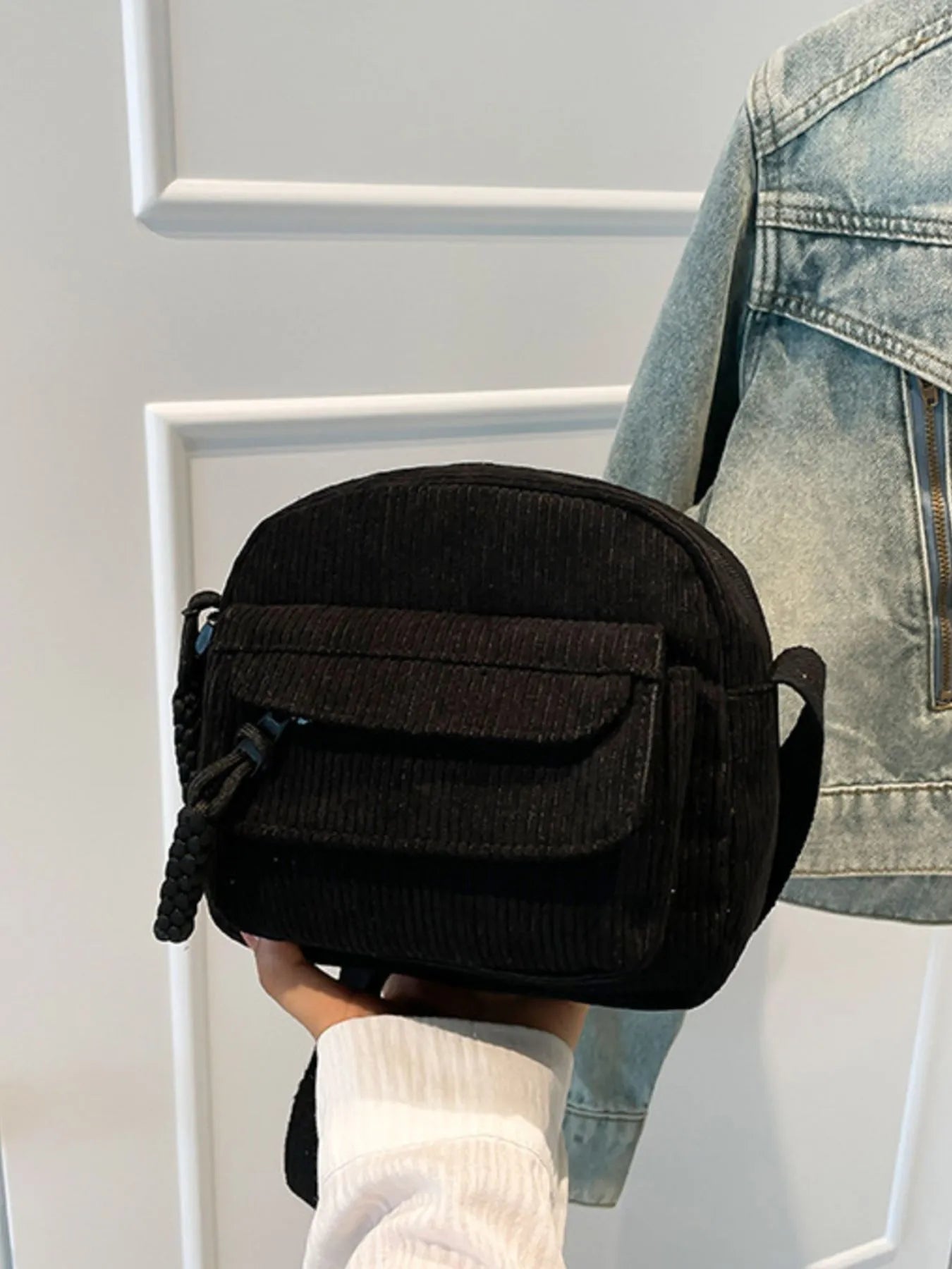 Corduroy Crossbody Bag with Adjustable Strap