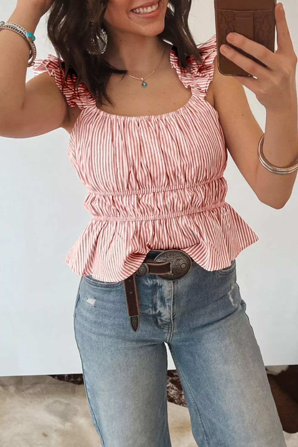 Striped Ruffle Sleeve Smocked Blouse