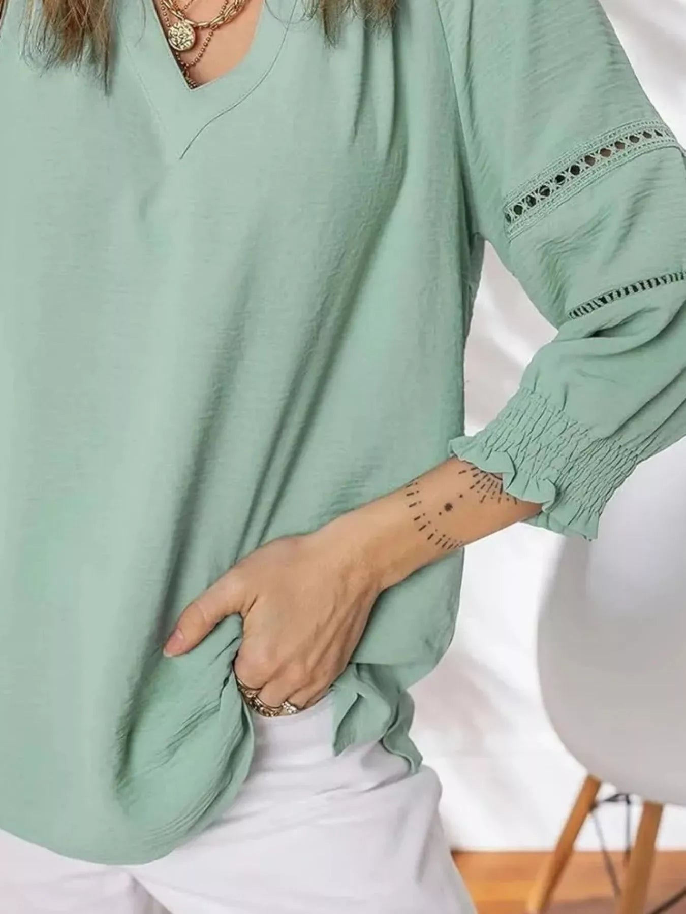 Solid Color Smocked Long Sleeve Blouse