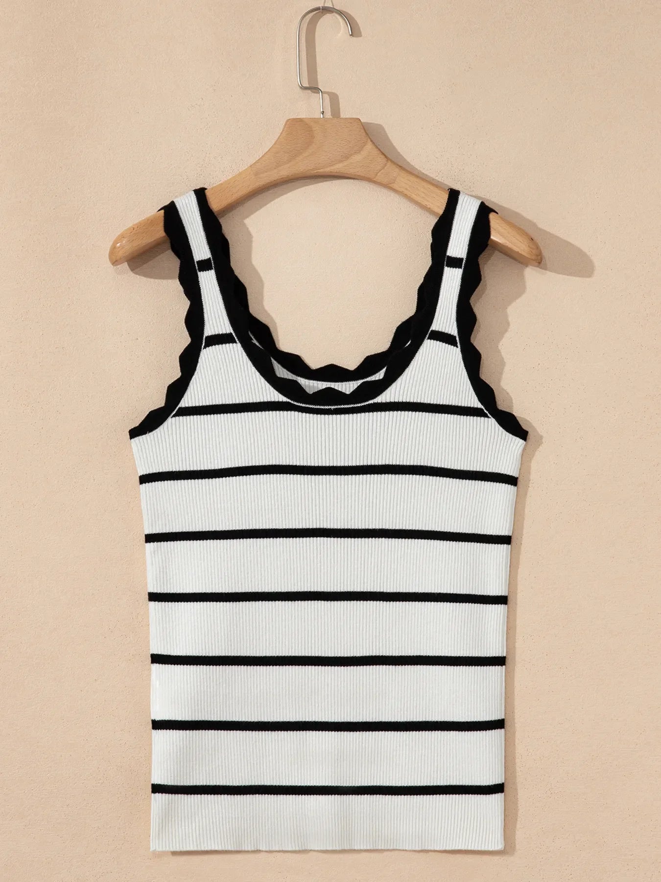 Stripe Scalloped Edge Crew Neck Knit Tank Top