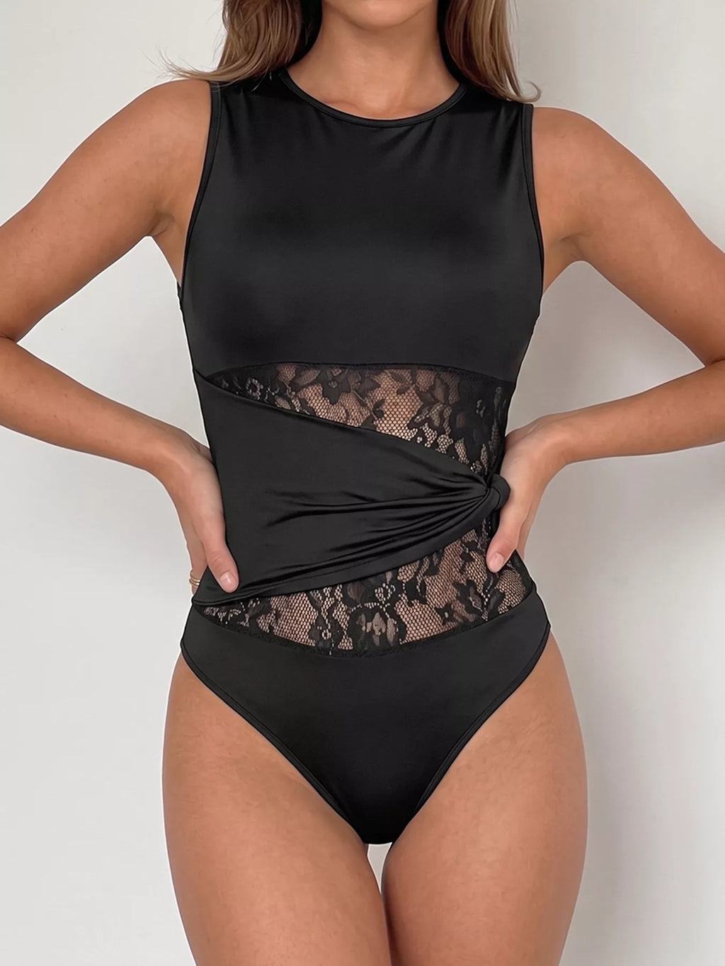 Sheer Lace Panel Sleeveless Bodysuit