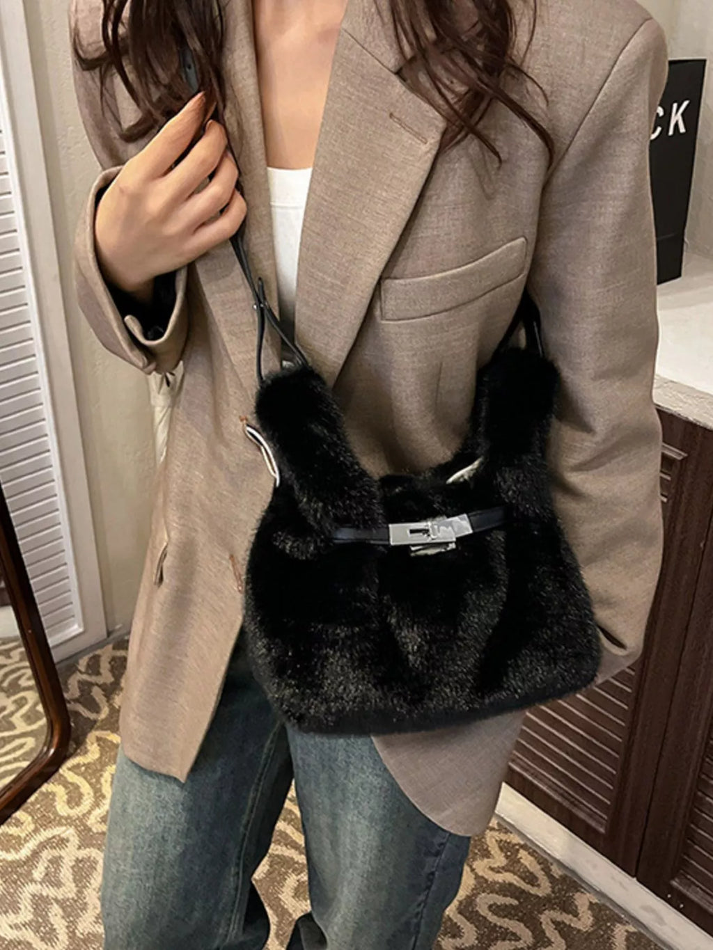 Faux Fur Bucket Crossbody Bag