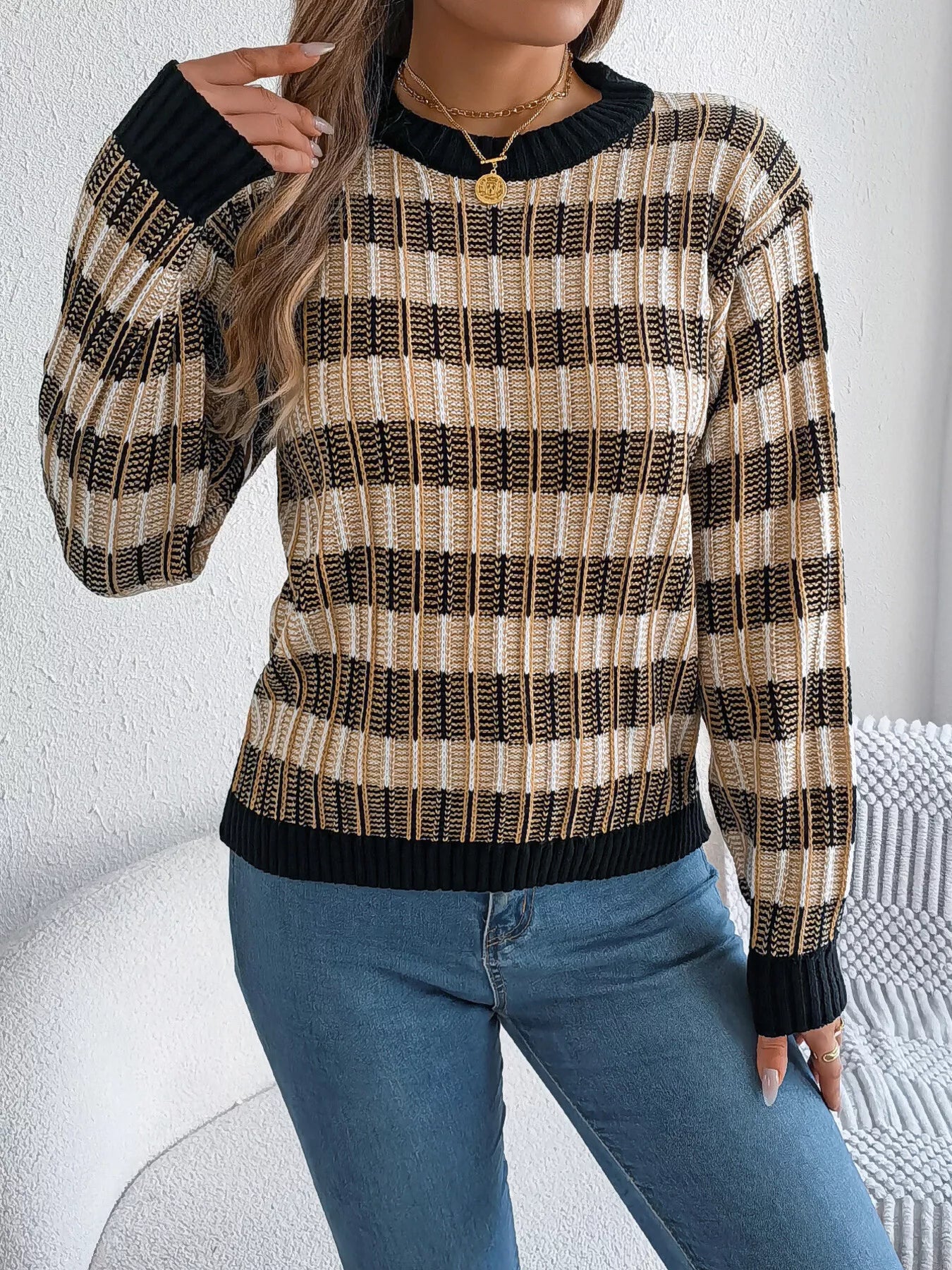 Striped Round Neck Long Sleeve Sweater