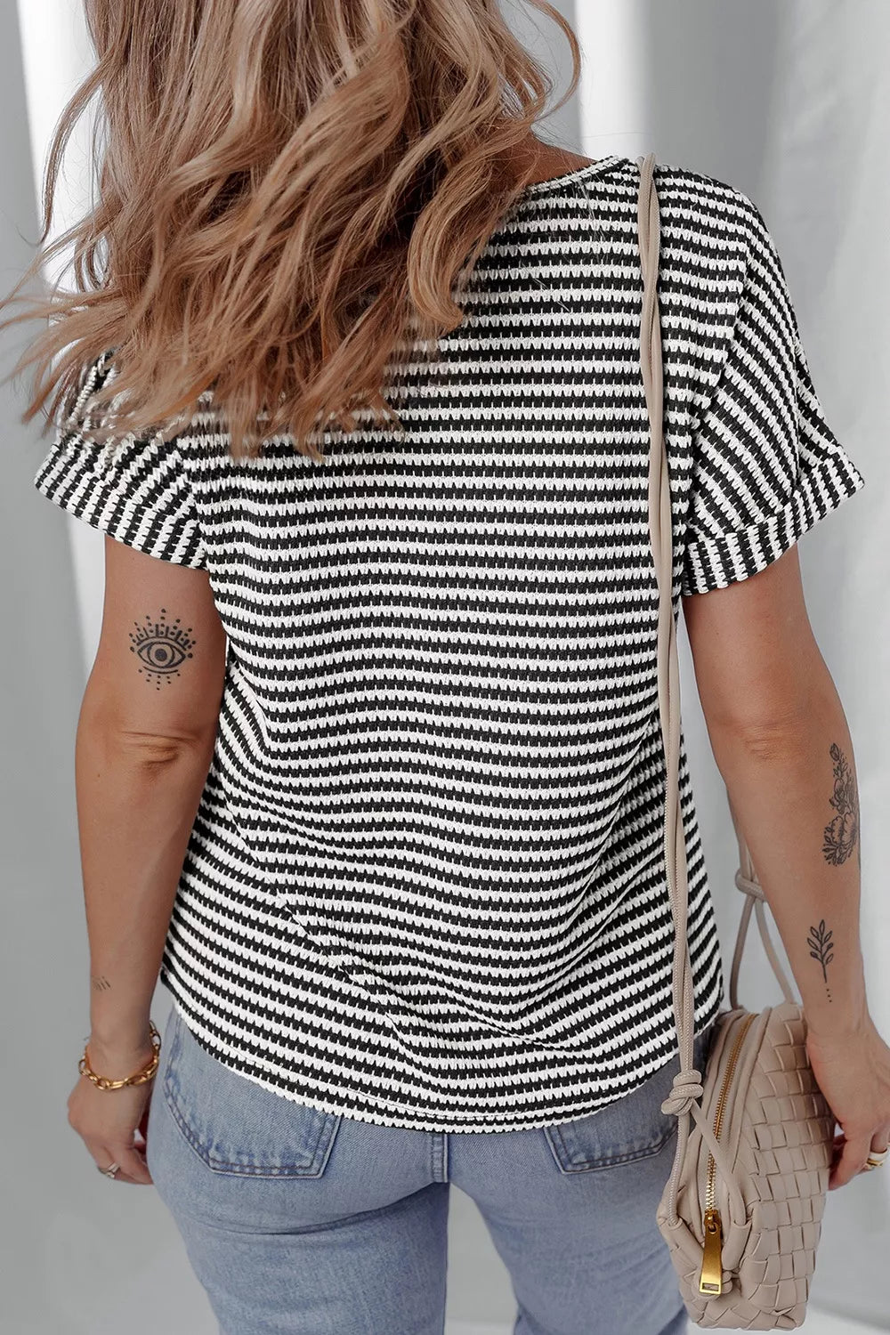 Stripe Textured Knit Notched Neck Cuffed Short Sleeve Top