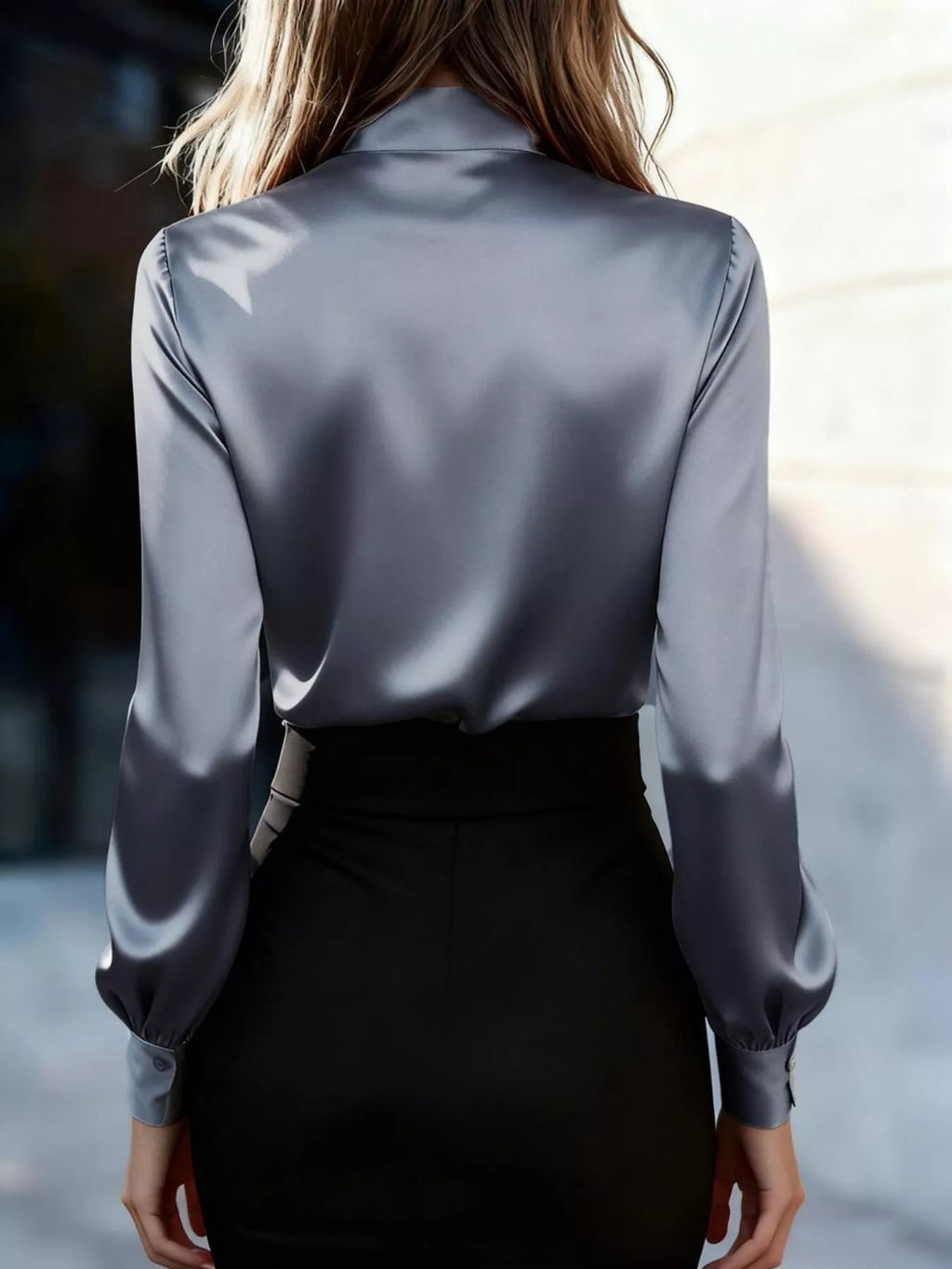 Satin Bow Tie Long Sleeve Blouse
