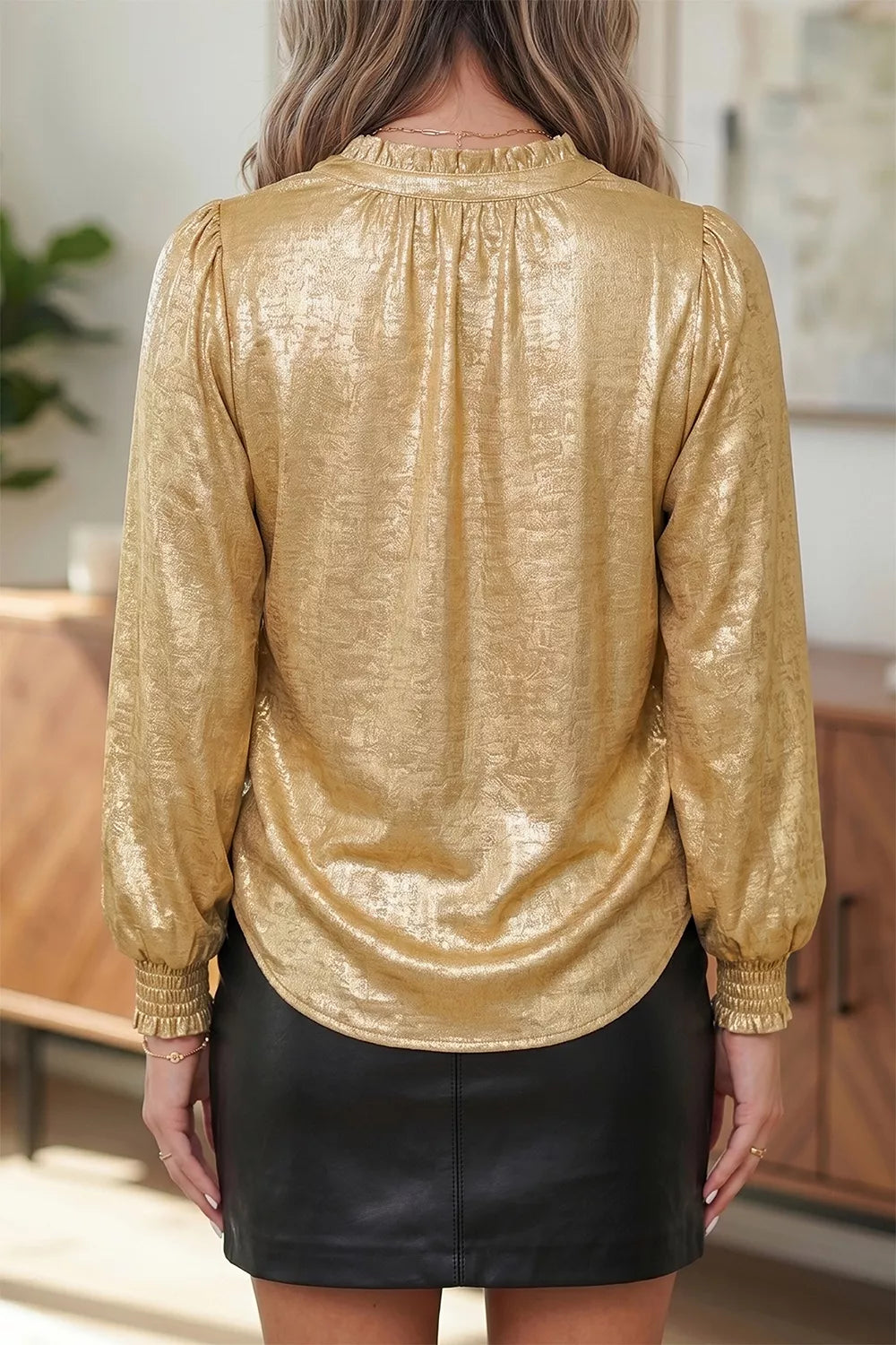 Metallic Sheen V Neck Gathered Cuff Long Sleeve Blouse