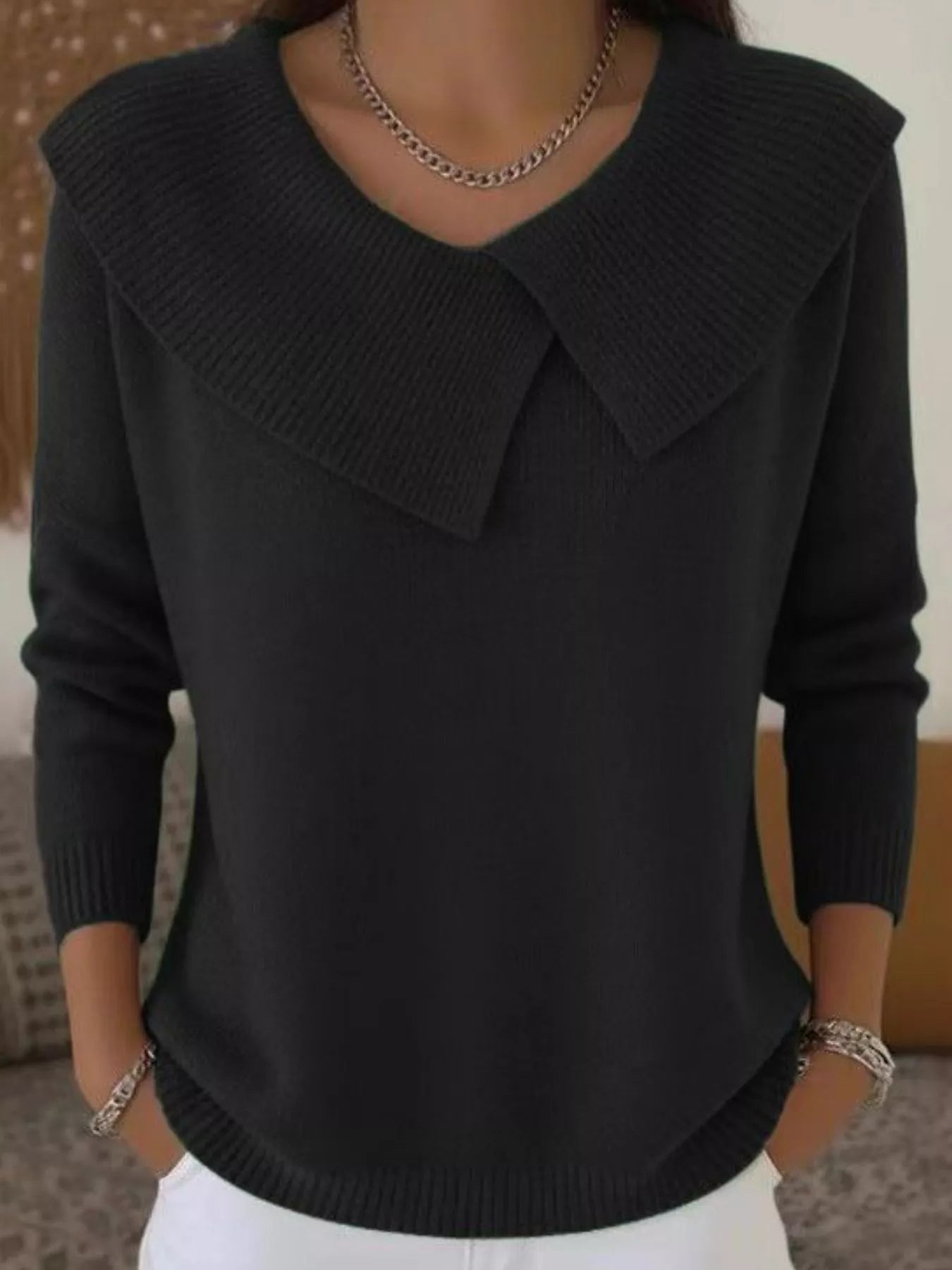 Full Size Solid Color Ribbed Hem Sweater Plus Size