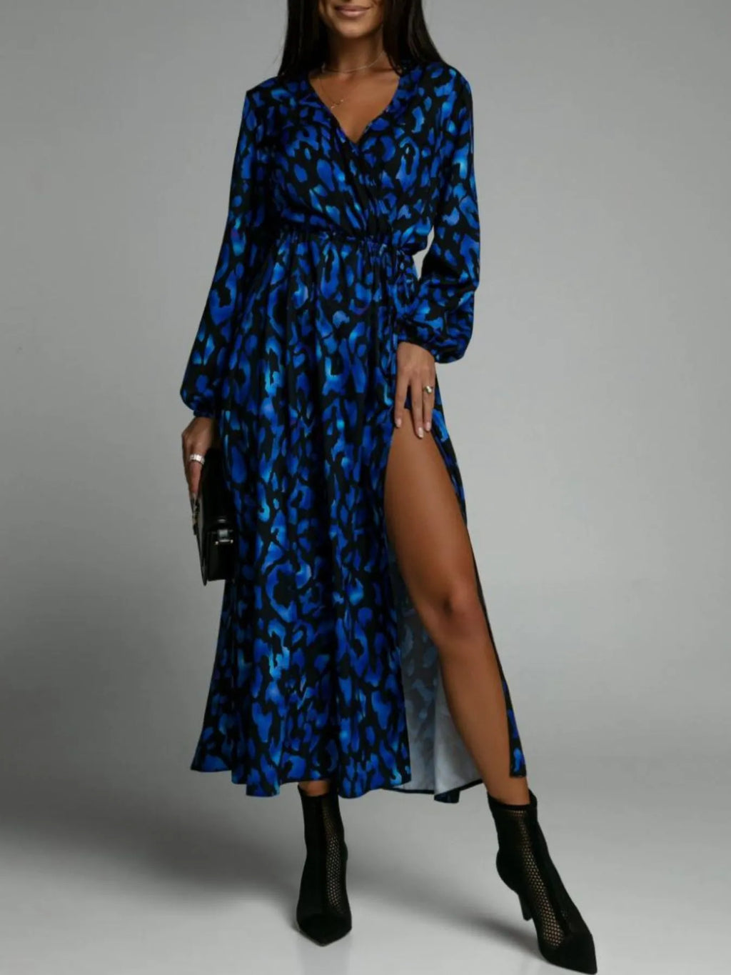 Printed Surplice Long Sleeve Midi Dress