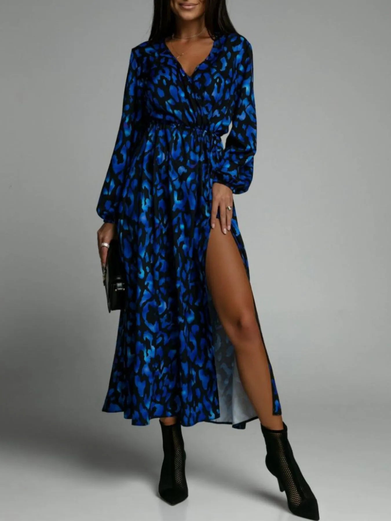 Printed Surplice Long Sleeve Midi Dress