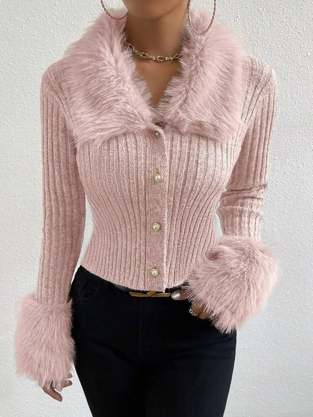 Faux Fur Trim Ribbed Knit Cropped Cardigan