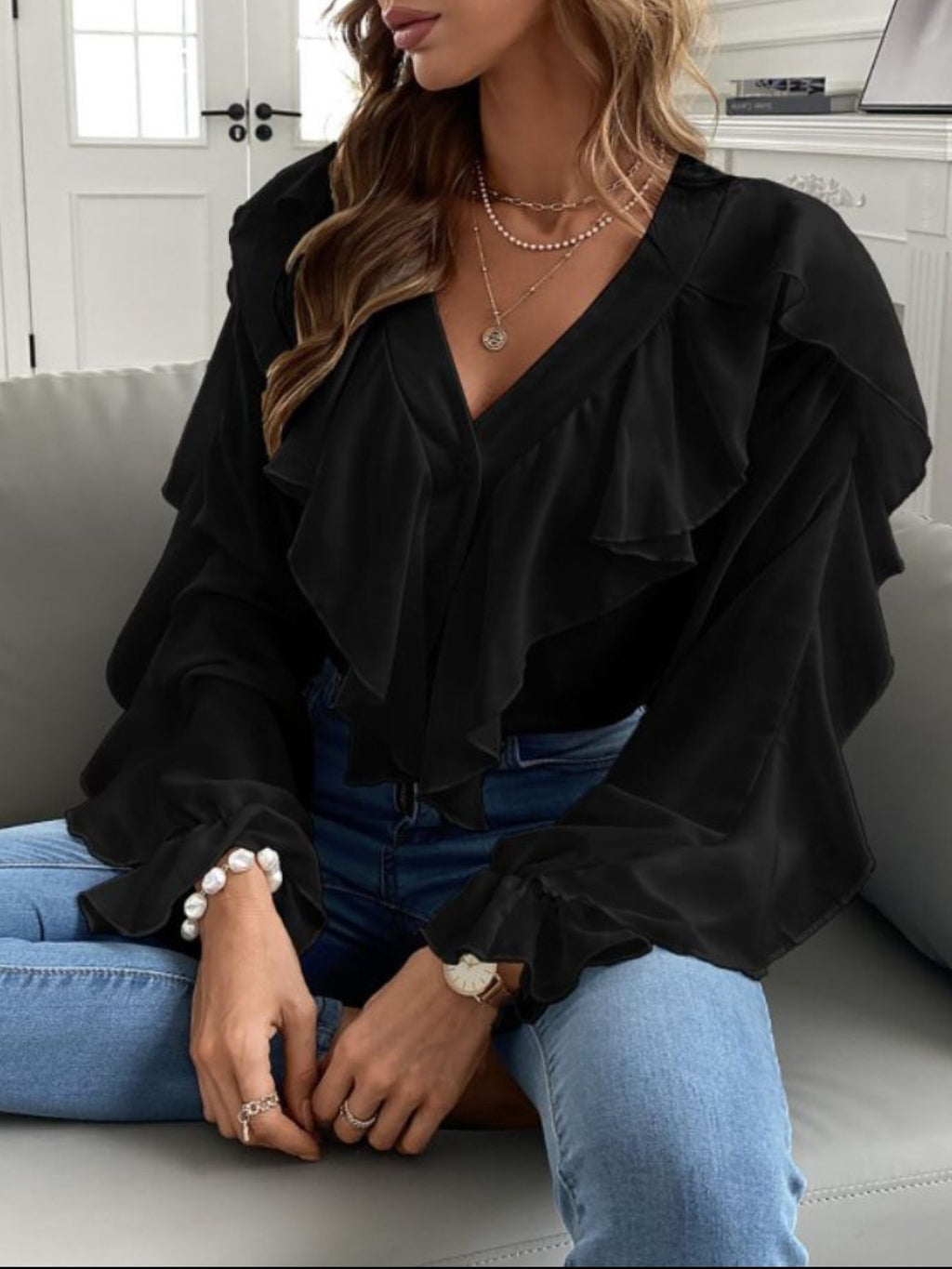 Full Size Ruffle Trim V-Neck Shirt Plus Size