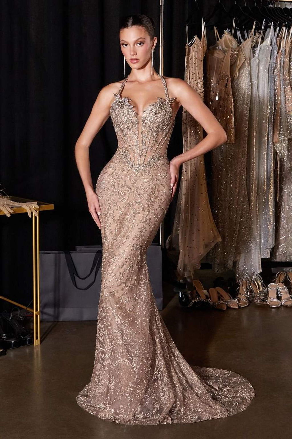 Ladivine CD695 Halter Neck Crystal Sequin Plunging Mermaid Dress