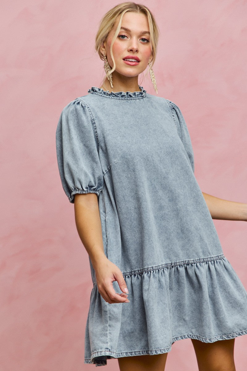 SO ME Denim Short Sleeves Mini Tiered Dress