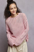 POL Openwork Round Neck Knit Top with Shiny Detail