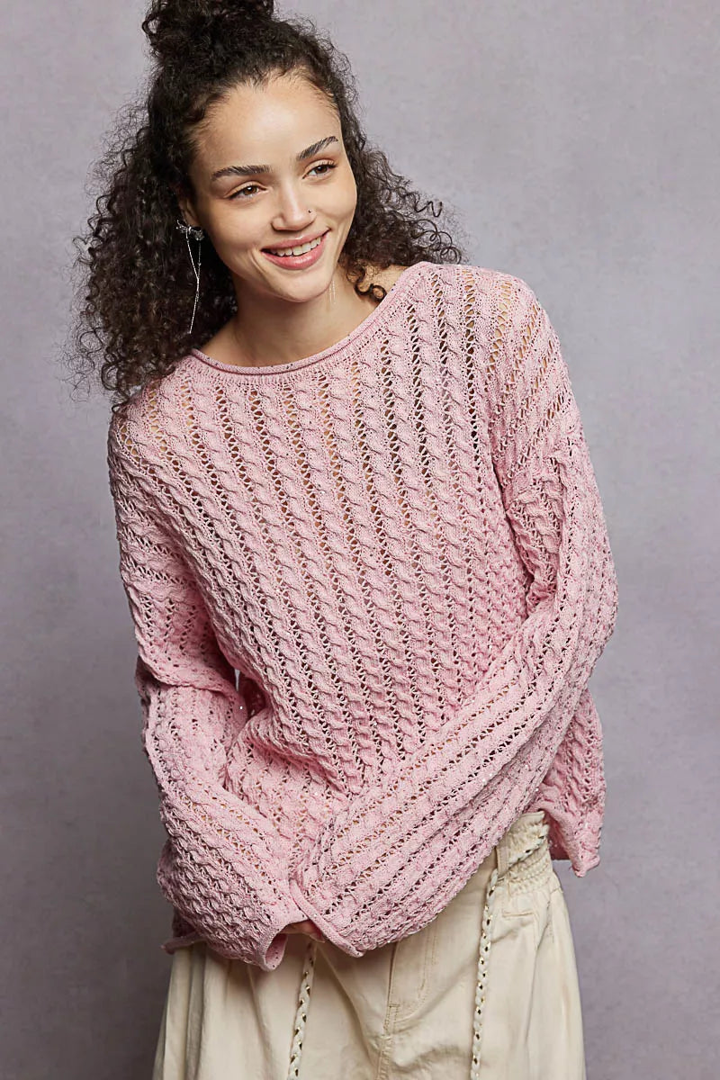POL Openwork Round Neck Knit Top with Shiny Detail