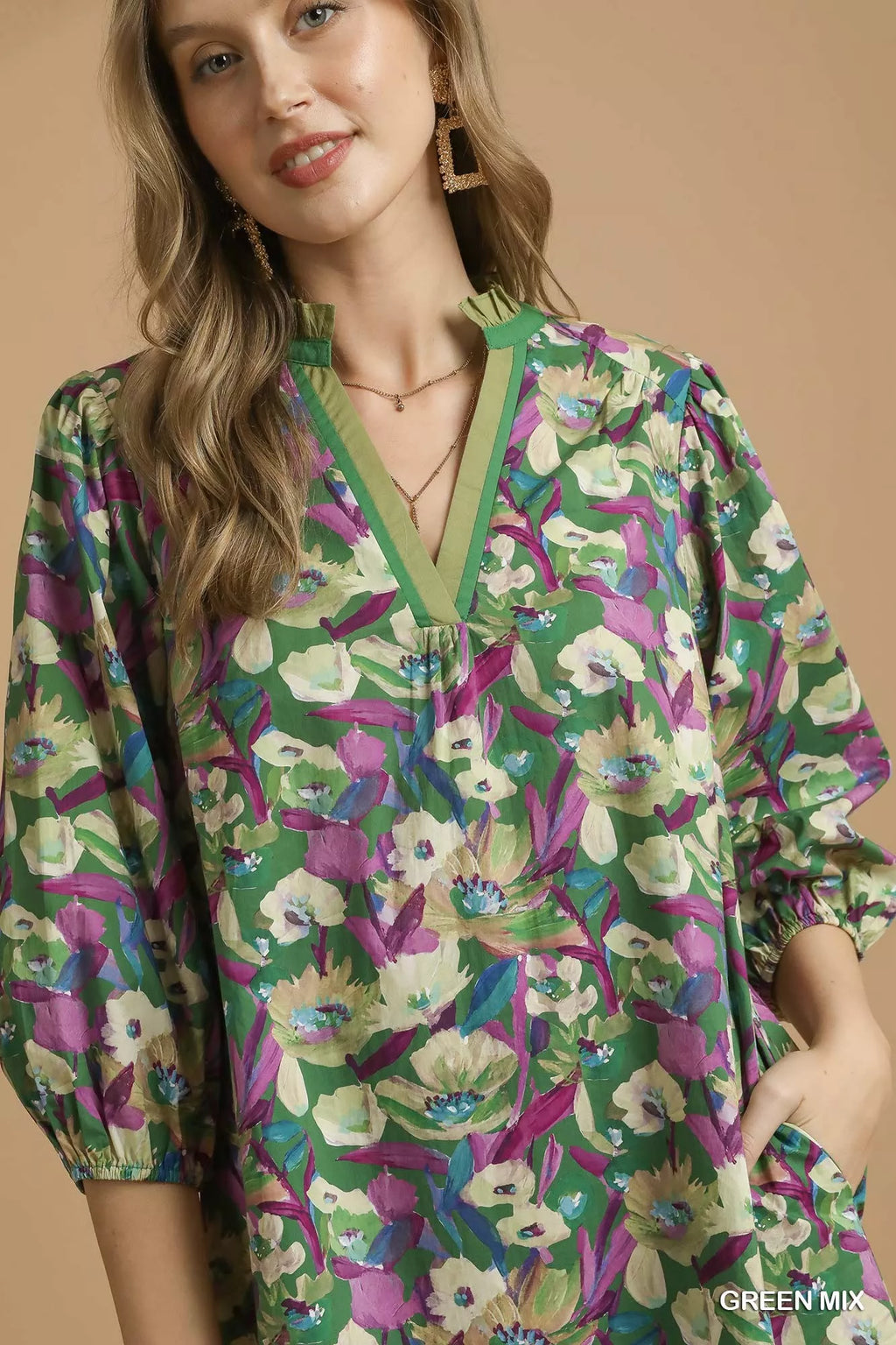 Umgee Boho Floral Balloon Sleeve Mini Dress