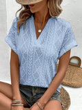 Openwork Notched Short Sleeve Blouse