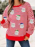 Stripe Sequin Santa Round Neck Raw Seam Detail Christmas Long Sleeve Top