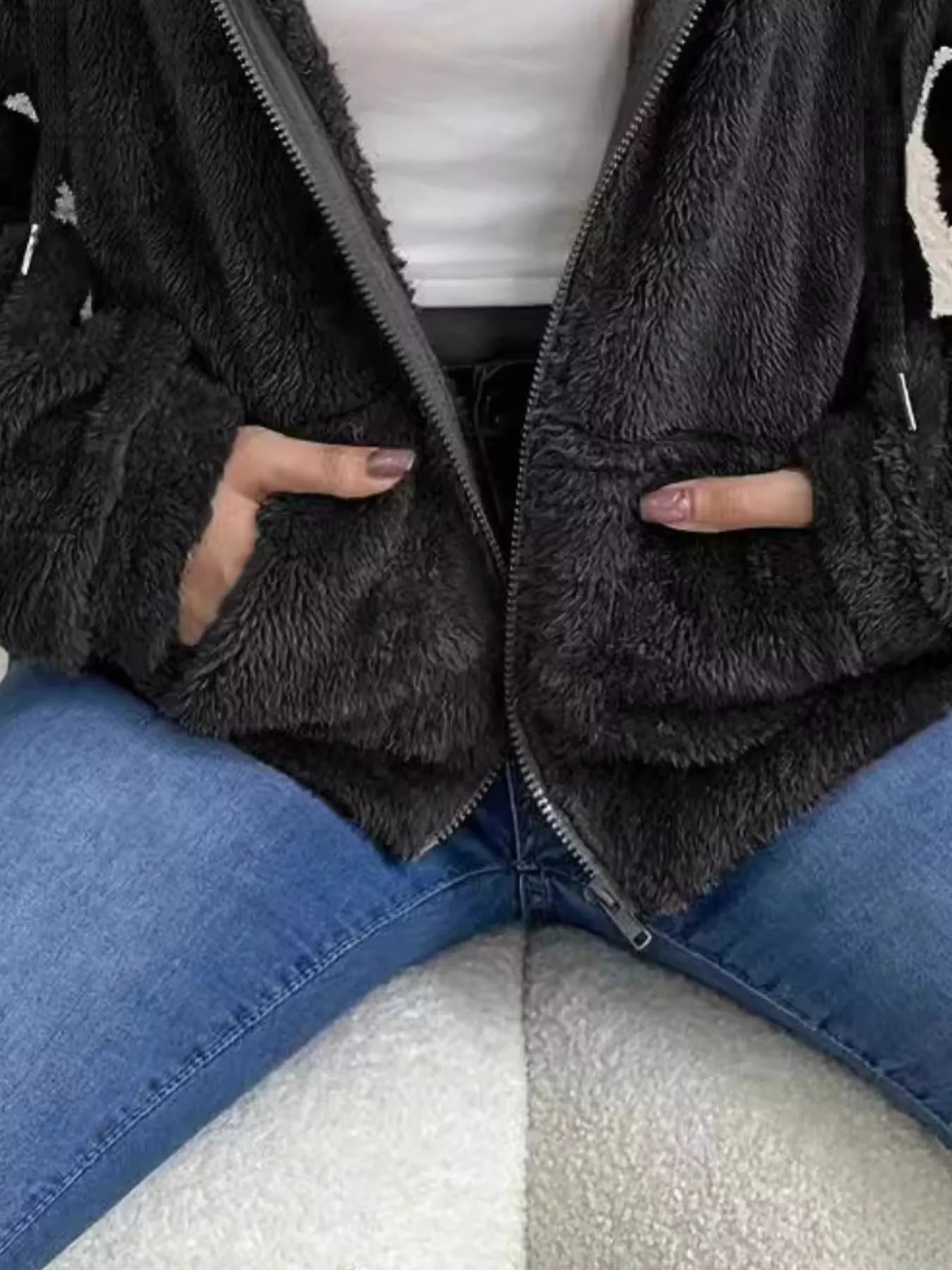 Drawstring Fleece Zip-Up Outerwear