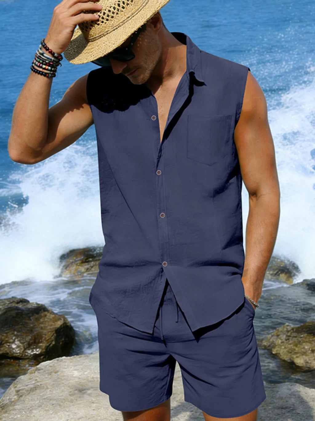 Men's Full Size Button Up Sleeveless Top and Shorts Plus Size