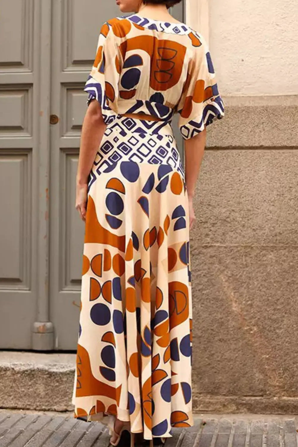 Geometric Print V-Neck Maxi Dress with Cutout Detail