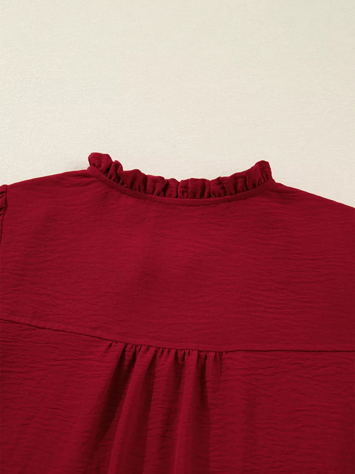 Notched Neck Shirred Cuff Long Sleeve Blouse