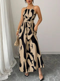 Abstract Print Halter Neck Maxi Dress