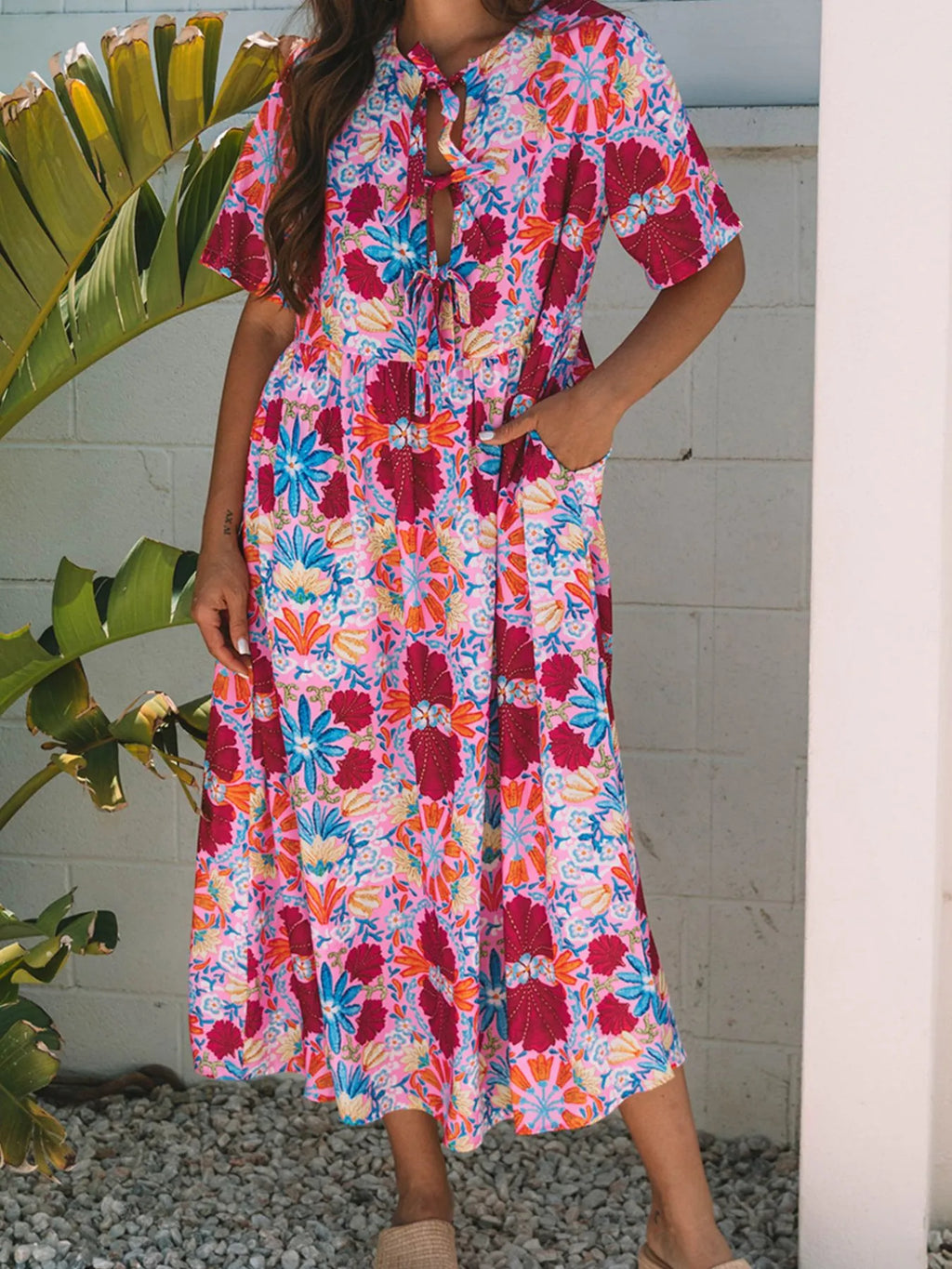 Floral Print Tie Front Midi Dress