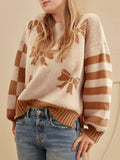 Ribbon Bow Checkered Striped Sleeve Drop Shoulder Sweater